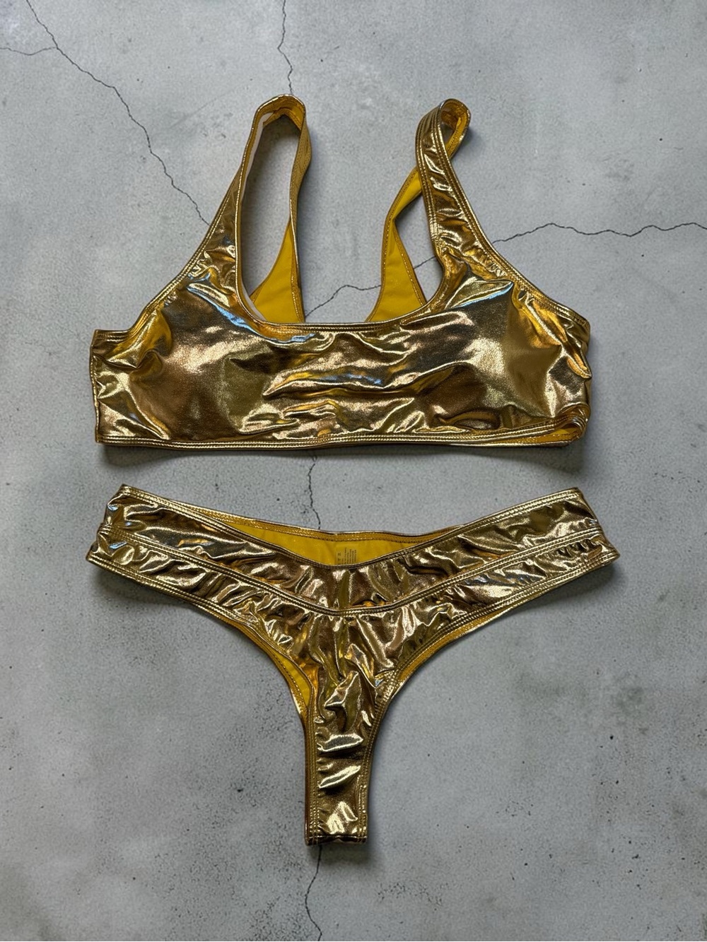 Metallic Gold Scoop Bikini Top & Cheeky Bottom - Shiny Swim Set